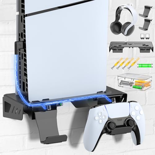 PS5 Wandhalterung mit eingebauten PS5 Controller Ladekabel kompatibel mit PS5 Digital & Disc & 2023 PS 5 Slim, PS5 Halterung Wand für PS5 Konsole, PS5 Controller Halter Headset Halter für PS5 Zubehör