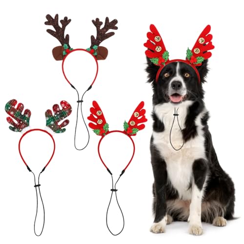 3 Stück Weihnachten Hunde Stirnband, Haustier Weihnachts Rentier Haarreif Verstellbare, Elch Kopfbedeckung, Kopfschmuck Weihnachten, Geweih Weihnachtskostüm für Haustier Hund Geschenk