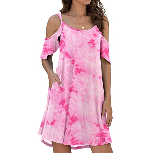 Damen Casual Kleider Minikleid A Linie Schulterfrei Partykleid Freizeitkleid Tie-Dye-Druck Locker Sommerkleid Mit Taschen (L,Rosa 1)