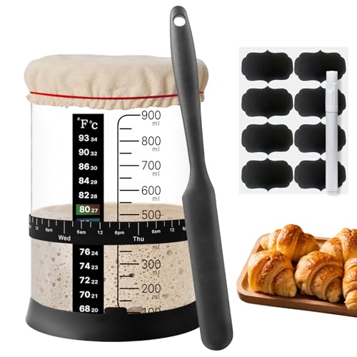 Sauerteig Starter Jar Kit - 34OZ, mit Datum Fütterung Band, Cloth Cover, Thermometer, Silikon-Deckel, Kreidetafel Etiketten, Mark Stift, Gummibänder, Silikon Spatel, Sauerteig Brot backen Zubehör