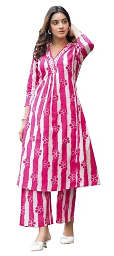TRAFAART Kurta- Und Hosen-Set Aus Baumwolle Für Damen A-Linie Bedruckt Kurti-Koordinationssets Indische Zweiteilige Outfits (Rosa-Groß)