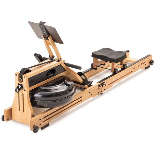 SportPlus Wasser-Rudergerät klappbar für zuhause aus Natur-Massivholz (Eiche), Holz-Rudergerät mit Trainingscomputer, Rudermaschine mit Tablethalterung für Ausdauertraining, Rowing Machine