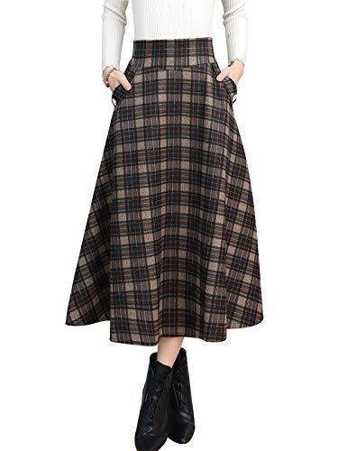 Damen Winterrock Lang Karierter Wolle Vintage Maxi Rock Wollrock Hohe Taille Langer Röcke Faltenrock Unterrock Schottenrock (M, Schwarz kariert)