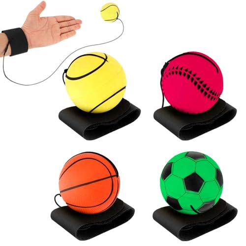 DSLSQD 4 Stück Handgelenk Return Ball,Ball mit Schnur,Springball mit Schnur,Handgelenk Ball Kinder,Gummi Rebound Ball,Sport Andgelenkball,Ball an Schnur,für Kinder Erwachsen Spielen&handgelenkübungen