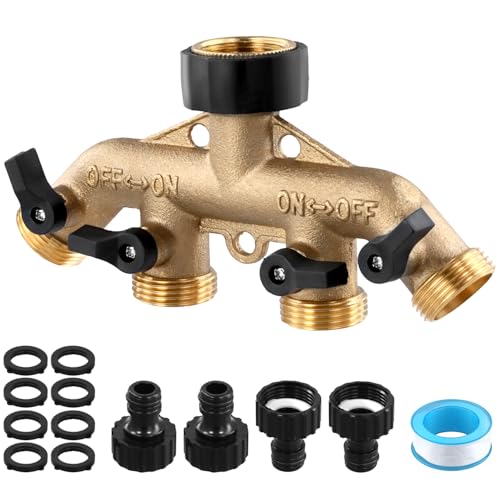 QWORK® 4 Wege Verteiler Wasser, G3/4 Messing Wasserhahnverteiler, Wasserverteiler mit 4 Gartenschlauch Adapter, Garten Schlauch Wasserhahn Verbinder Set