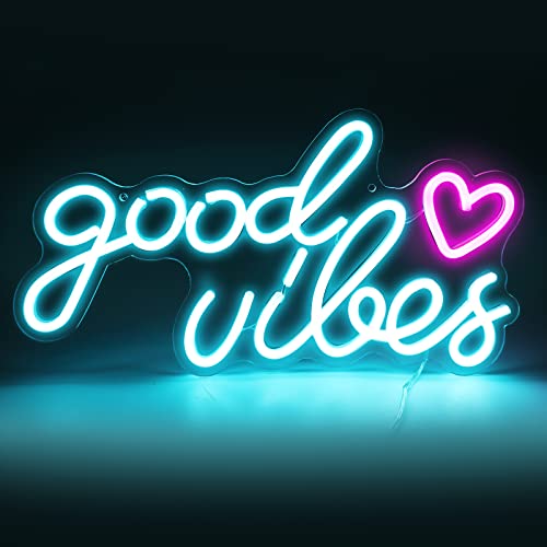 Good Vibes Neonschild, Neonlicht mit Acrylplatte Goodvibes Neon Word Kunst Leuchtreklame Dekorative Wand Neon Schild USB für Schlafzimmer, Café, Spielzimmer, Bar, Hochzeit, Party, Höhle