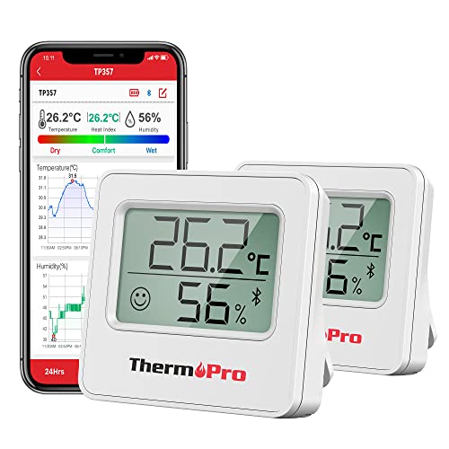 ThermoPro TP357 80m Bluetooth Hygrometer Innen 2er-Set Raumthermometer Digital mit APP Mini Luftfeuchtigkeitsmesser mit Smiley-Indikator Datengrafik für Innenraum, Büro, Weinkeller, Gewächshaus