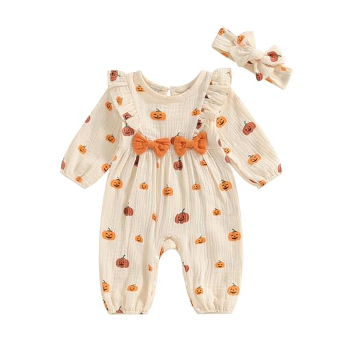 Geagodelia Baby Jungen Mädchen Halloween Strampler Overall Kürbis Kleidung Outfit Babykleidung Schlafstrampler Neugeborene Weiche Babystrampler My First Halloween (B1 - Beige, 1-3 Monate)