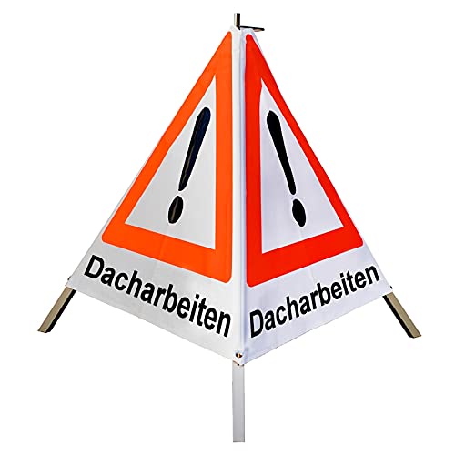 Warnpyramide/Faltsignal Achtung(VZ101) "Dacharbeiten" 90cm - weiß tagesl. - leicht Mittelfuß