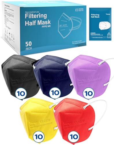 Tayogo 50 Stück FFP2 Maske Atemschutzmaske 5-Lagen hygienisch einzelverpackt Mundschutzmaske Atemmasken 5 Schichten einzelner gepackter Gesichtsschutzmaske schwarz gefärbt weiß (Multicolor 2)