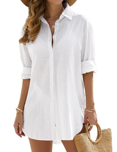 Vancavoo Strandkleid Damen Sommer Strandbluse Strandhemd V-Ausschnitt Strandtunika Lose Button-Down Strandponcho Longbluse Bikini Cover Up,Weiß,M