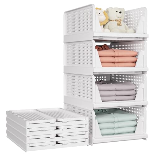 SNSLXH 5 Pack Stapelbar Schrank Kleiderschrank Organizer, Multifunktionale & Faltbare Schrank Organizer für Bad Küche Kleiderschrank Lagerung, Platzsparende Schrank Schublade aufbewahrungsbox, Weiß