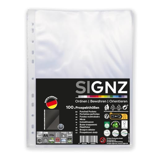 SIGNZ Prospekthüllen (DIN A4, 30 my), 100 Stück, glasklar, CO2-neutral hergestellt, made in Germany