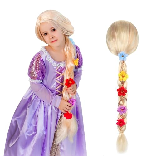 LUFEIS Rapunzel Perücke, Kinderperücke Blond, Prinzessin Perücke Zopf, Rapunzel Perücke Kinder,Rapunzel Kostüm-Perücke für Kinder Mädchen Cosplay Perücke Kostüm Zubehör für Karneval, Maskerade(85CM)