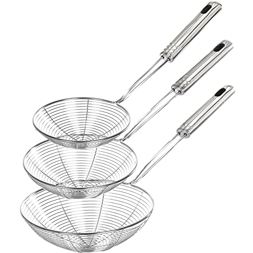 Abseihlöffel Sieb, 3 Stück 19,5 17,5 13,5 cm Schaumlöffel Edelstahl, Schöpfkelle Mesh Küchensieb mit Langem Griff und Hängen Loch zum Kochen und Frittieren, Spülmaschinengeeignet
