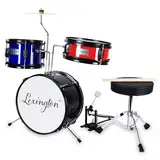 Lexington Kinderschlagzeug 3 PC, Schlagzeug Set für Kinde mit Snare, Tom, Bass Drum, Bass Drum Pedal, Thron, Becken, Drumsticks, Schwarz, Blau, Rot