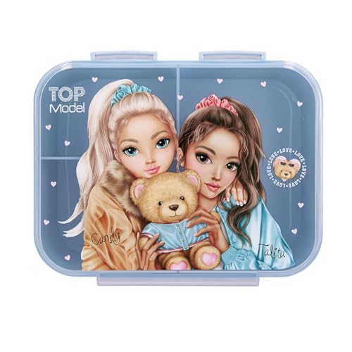 Depesche 13255 TOPModel Team Teddy - Brotdose in Rosa, mit Model Motiv und Karo Muster, Lunchbox mit 3 Fächern und transparent-blauem Deckel