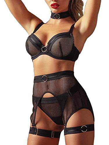 Ojostern Dessous Damen Sexy Reizwäsche Unterwäsche Set Strapsen Dessous Set mit Strapsgürtel und Halsband für Frauen 4 Stück Schwarz XL