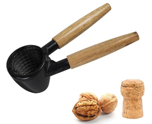 GMMH Multifunktionaler Nussknacker, 17 cm lang, 3 in 1, Flaschenöffner und Sektkorkenzange, Sicherheitshelfer, Sektkorken sicher öffnen, mit Holzgriff und Eisenkopf, Nusszange Nussöffner Nussbrecher