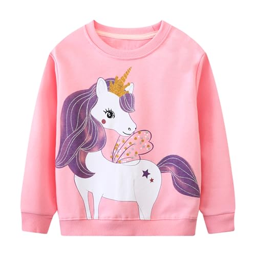 Baogaier Mädchen Pullover Sweatshirt Baumwolle Leichtgewicht Casual Langarmshirt Rosa Pferd Glänzend Tierdruck Kinder Kleidung Langarm Rundhalsausschnitt Tops 6-7 Jahre, Gr.116-122