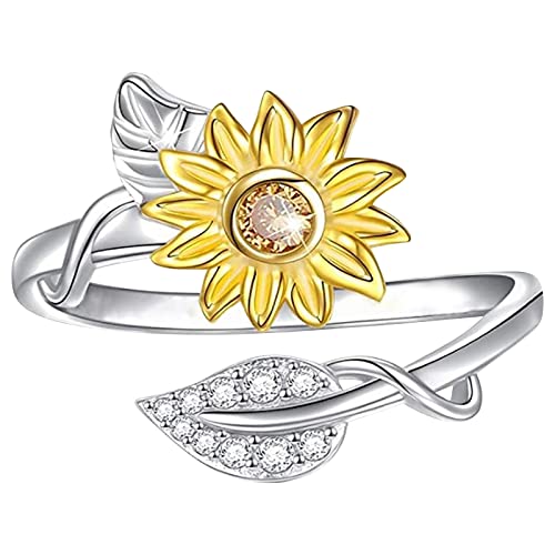 PTLLEND Ringe Turnen Holz Spinning Ring My Sunshine Ring Sonnenblumenringe Kette Mit Zwei Ringen Ineinander (Yellow, One Size)