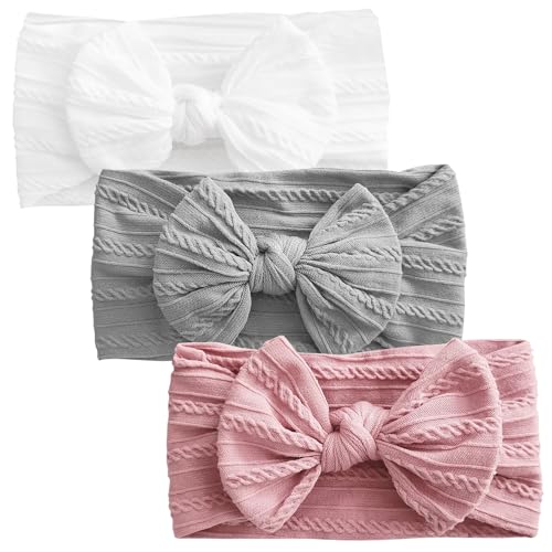 3 Stück Baby-Turban-Stirnband, Baby-Haarbänder, Schleifen für Mädchen, weiche Schleife, Kopfbedeckung, elastische Haarbänder für Kleinkinder, Neugeborene (Grau/Weiß/Rosa)