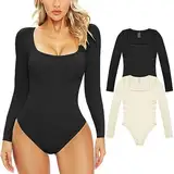 Svanco Body Damen Langarm Bodysuit Bauchweg Formende Shaping Body Shaper für Frauen Elegant Slimming Shapewear Thong mit Sexy U-Kragen