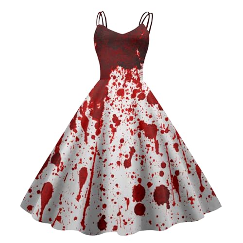 pvucpot Halloween Kostüm Damen Gruselig Blutige Zombie Braut Kostüm Horror Elegant Brautkleid Ärmellos Aufdruck Halloween Kleid fur Damen Gothic