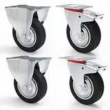 PRIOstahl TR-Set-2 Transportrollen Schwerlastrollen 4 Stück Bockrollen & 2X Lenkrolle mit Bremse | 100mm Durchmesser | Gummi Schwarz | Vollgummi mit Stahlfelge