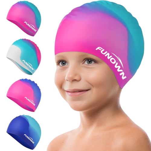 FUNOWN Premium Badekappe Kinder, badehaube Kinder - Langes und kurzes Haar Schwimmkappe Kinder und Badekappe für Mädchen Jungen – Hochwertige Qualität, Dehnbare & Bequeme Badekappe (A, M)