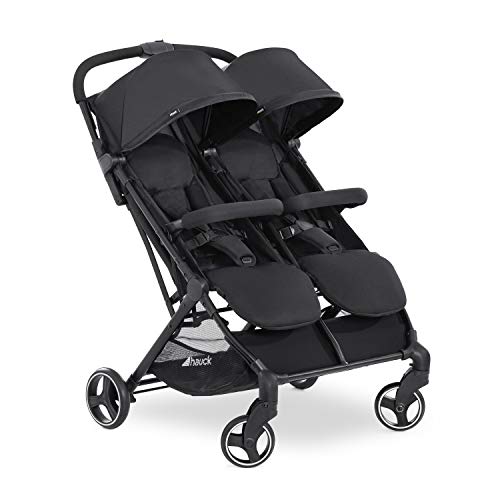 hauck Zwillingsbuggy Swift X Duo, Einhändig Klappbar, mit Liegefunktion ab Geburt, für 2 Kinder bis je 15 kg, Körbe bis je 3 kg, Pannensichere Räder (Schwarz)