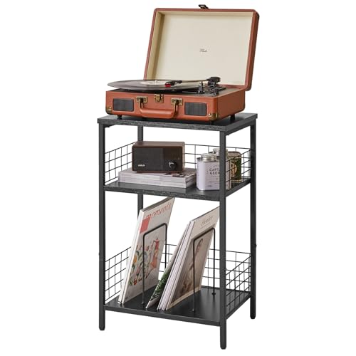 YMYNY Beistelltisch, 3 Ebenen Standregal, Plattenständer mit klassifizierter Lagerung, Schutzeisennetz, für Plattenspieler, CDs, Magazin, Wohnzimmer, Schlafzimmer, Studio Schwarz HST009B