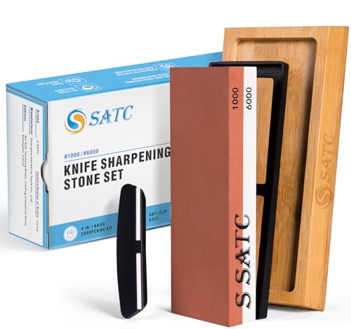 S SATC Schleifstein Messer Körnung 1000/6000 Wetzstein Professionell Schärfstein 2-IN-1 Messerschärfer Abziehstein Sharpening Stone mit Rutschfeste Bambusbasis und Winkelführung