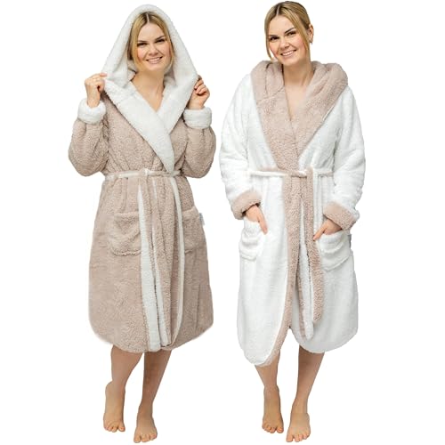 CalmyLIFE Bademantel Damen flauschig Morgenmantel - mit Wendefunktion kuschelige Bademäntel mit Kapuze Kuschelbademantel (M, Taupe/Natur)