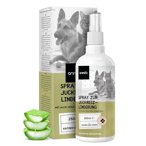 animigo Anti Juckreiz Spray - 250ml Fellpflege - Für Hunde & Katzen - Mit Aloe Vera & Teebaumöl - Wundspray bei juckende Haut, Allergien, Hot Spots, & Parasiten - Ablecksicher mit Natürlichen Zutaten