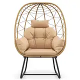 COSTWAY Korbsessel Rattan, übergroßer Loungesessel mit abnehmbarem Kissen & Metallgestell, Gartensessel, Rattansessel für Balkon, Garten, Terrasse, Wohnzimmer (Beige)