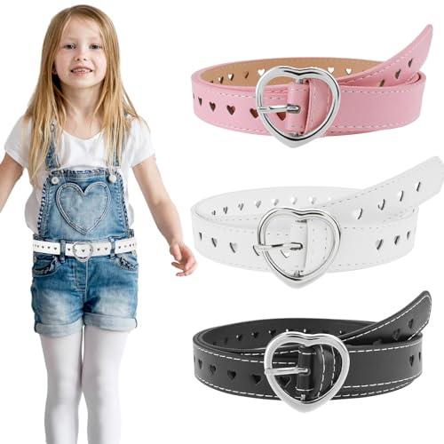 Teaaha 3 PCS Kindergürtel Mädchen, Girls Belt PU Leather Belts with Cute Hollow Heart Shape,Silver Metal Buckle Adjustable Waist Belt for Kids Dress Pants Jeans (rosa, weiß, schwarz)