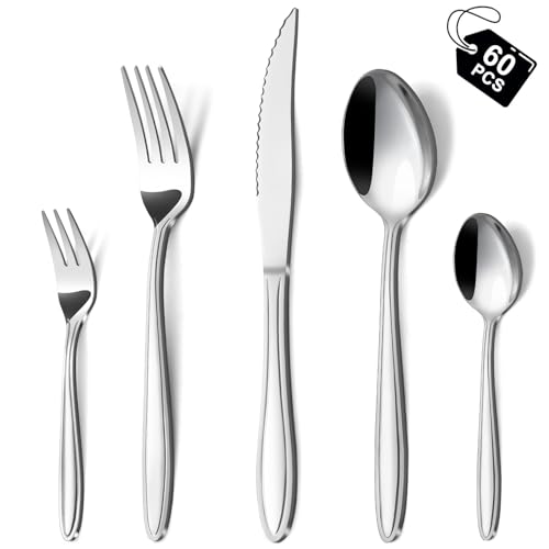 Hunnycook Besteck Set 12 Personen, 60-teiliges Edelstahl Essbesteck mit Liniengriff, Elegantes Besteckset mit Messer Gabel Löffel für Haus/Restaurant/Party, Spülmaschinenfest