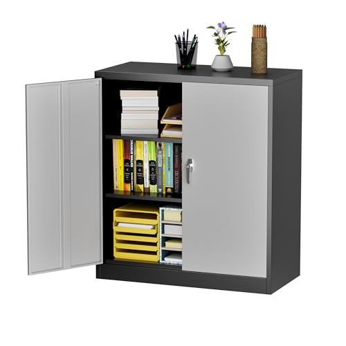 SUPEER 90cm H Aktenschrank,Metallschrank mit 2 höhenverstellbaren Fachböden,Stahlblech Pulverbeschichtung,Stahlschrank für Werkzeuge,Garage（schwarz/grau）