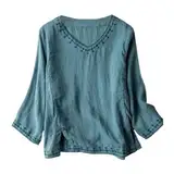 Generisch 2025 - Vintage Bestickte Bluse mit Siebenviertelärmeln, leichtes Freizeithemd aus Baumwolle und Leinen für Damen, lockere Passform, Oberteil im Retro-Stil Korsage Bluse Damen (Blue, XL)