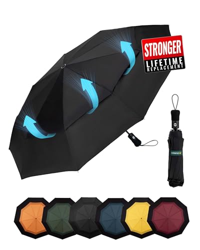Chakipee Kompakter Reise Regenschirm Groß Sturmfest – Automatik Taschenschirm für Herren und Damen, Doppelt belüftetes Vordach 210T-Gewebe 102 cm Spannweite 9 Rippen Schirm Schwarz