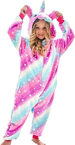 Kinder Einhorn Onesie Schlafstrampler Strampelanzug Mädchen Bequeme Pyjamas Jungen weichen Schlafanzug Geschenke Tier Jumpsuit Dress Up Kostüm Schlafoveralls für Mädchen (Rosa-Sterne, 90-100cm)