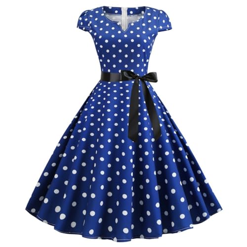 2025 Frauen Vintage 1950er Jahre Retro Kurzarm Print Abend Party Kleid Swing Kleid Leinen Damen Kleid (Blue, M)