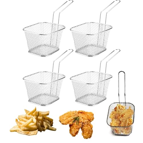 4 Stück Pommes Körbchen, Pommes Körbchen Mini Frittierkorb Edelstahl Pommeskörbchen Silber Servierkörbchen, Mini Lebensmittelkorb Frittierkorb, Mit Griff Pommesgitter Mini Für Frites