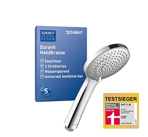 Duravit Universal Duschkopf, Duschbrause mit 3 Strahlarten (Rain, Intense , Soft ), Handbrause rund (Ø 110 mm), Brausekopf mit wassersparender MinusFlow-Funktion, reinigungsfreundlich, Chrom