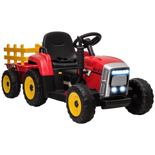 HOMCOM Elektrischer Traktor mit Anhänger, Kinder Aufsitztraktor mit Fernbedienung, Kinder Elektroauto mit MP3 Funktion, Kinderfahrzeug mit Scheinwerfer, 3-6KM/H, für 3-6 Jahre Kinder, Rot