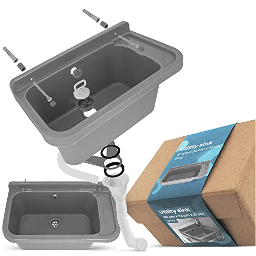 Waschbecken mit Regal 50 x 34 x 21 cm Grau | Spülbecken Ausgussbecken Waschtrog Becken Ablage Überlauf Gewerbe Waschraum Garten Garage Keller Werkstatt Waschküche Außenwaschbecken Gartenwaschbecken