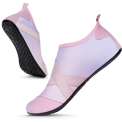 AMFUN Badeschuhe, Schnell Trocknend Wasserschuhe für Damen Herren, Breathable Barfußschuhe rutschfest Schwimmschuhe, Leicht Surfschuhe Aquaschuhe für Beach Surfen Pool (Rosa Lila Gr.42-43)