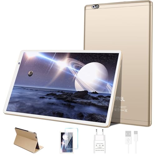 FACETEL Tablet 10 Zoll Android Tablet mit Octa-Core Prozessor Ultraschnelles Tablet PC mit RAM + ROM TF | 8000mAh | FHD IPS | 5MP+8MP | WiFi, Tablet mit Case - Gold