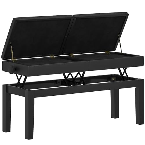 HOMCOM Klavierbank höhenverstellbar Klavierhocker mit Stauraum, Pianobank bis 220 KG Belastbar, Kunstleder, Schwarz, 105 x 37 x 48-58 cm